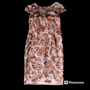 Adrianna Papell Blush Pink Midi Floral Sequin Cocktail Dress Size 10